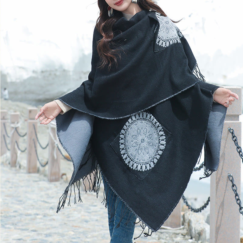 Chal con borlas y diseño de mandala redondo geométrico tibetano con Buddha Stones para otoño e invierno, bufanda acogedora con bolsillos