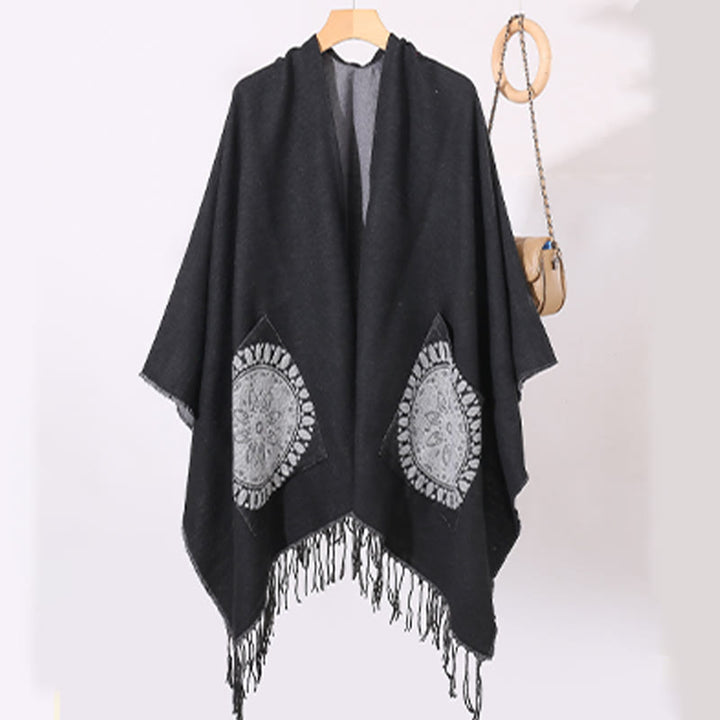 Chal con borlas y diseño de mandala redondo geométrico tibetano con Buddha Stones para otoño e invierno, bufanda acogedora con bolsillos
