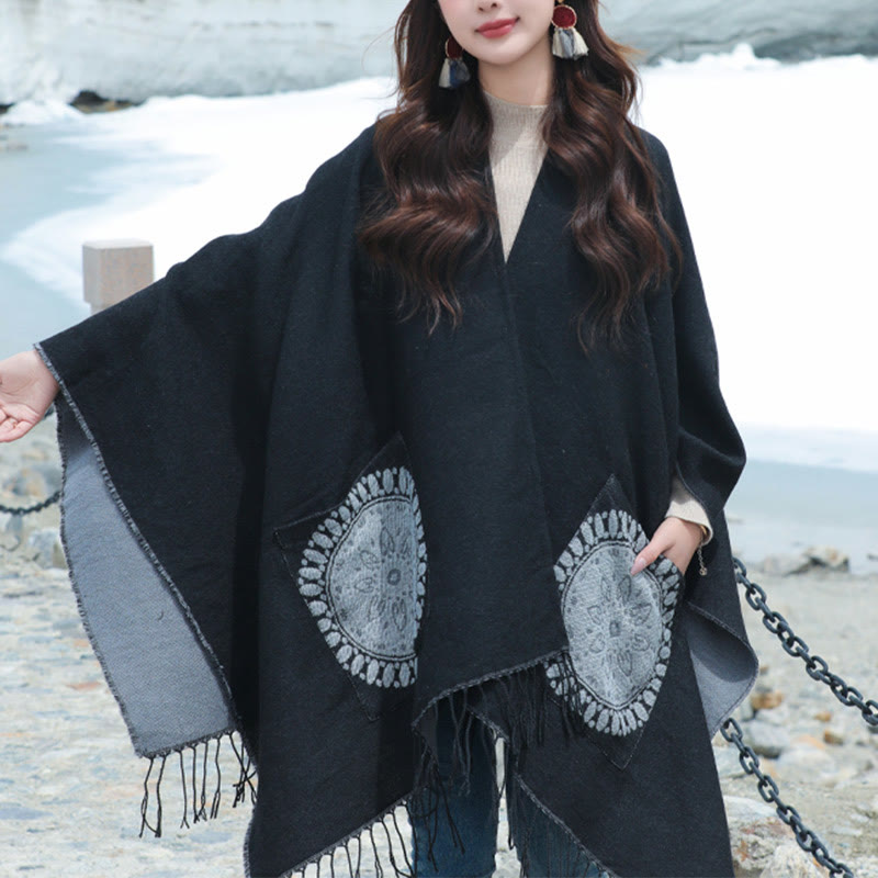 Chal con borlas y diseño de mandala redondo geométrico tibetano con Buddha Stones para otoño e invierno, bufanda acogedora con bolsillos