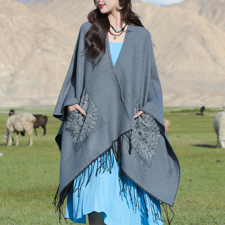 Chal con borlas y diseño de mandala redondo geométrico tibetano con Buddha Stones para otoño e invierno, bufanda acogedora con bolsillos