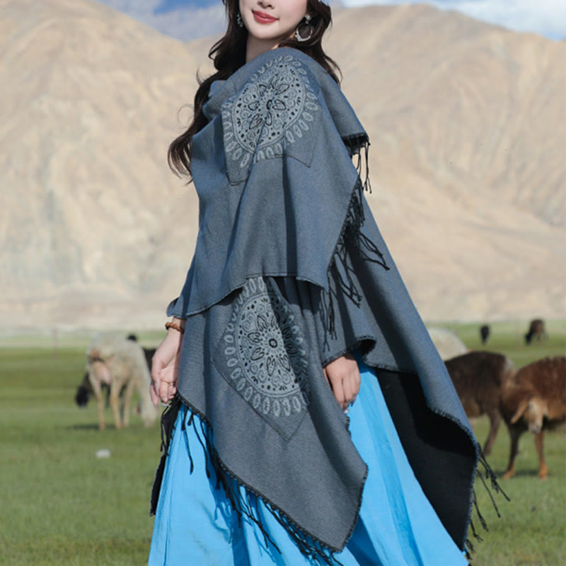 Chal con borlas y diseño de mandala redondo geométrico tibetano con Buddha Stones para otoño e invierno, bufanda acogedora con bolsillos