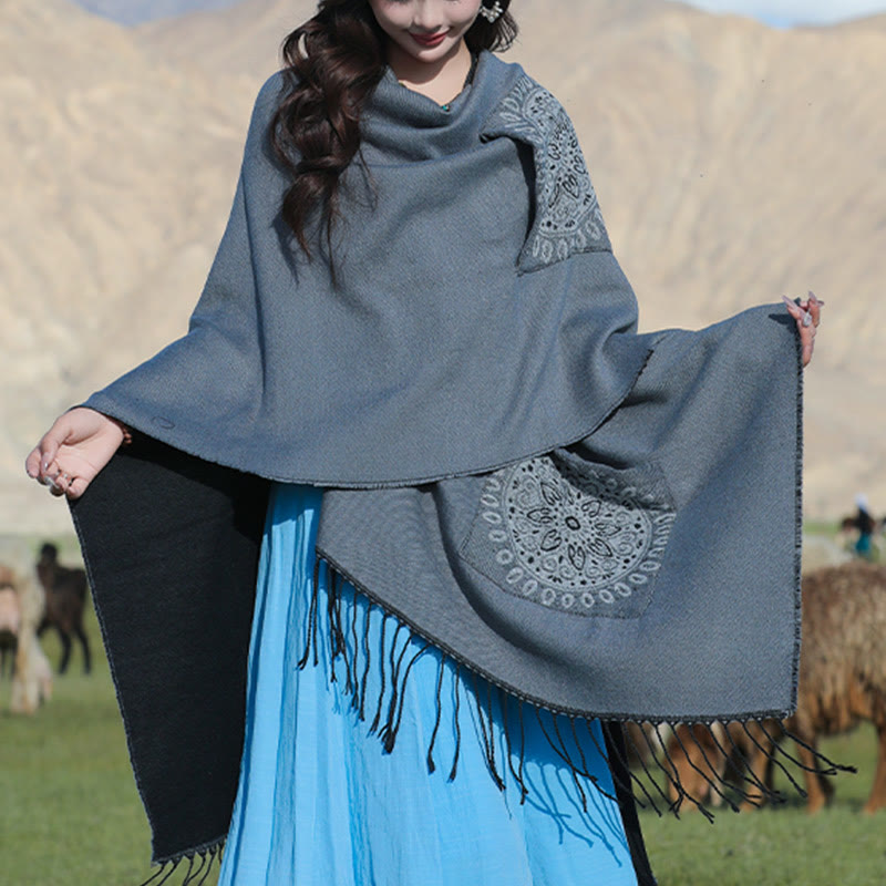 Chal con borlas y diseño de mandala redondo geométrico tibetano con Buddha Stones para otoño e invierno, bufanda acogedora con bolsillos