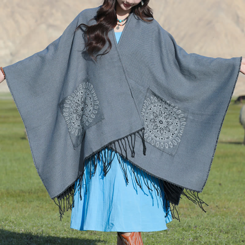 Chal con borlas y diseño de mandala redondo geométrico tibetano con Buddha Stones para otoño e invierno, bufanda acogedora con bolsillos