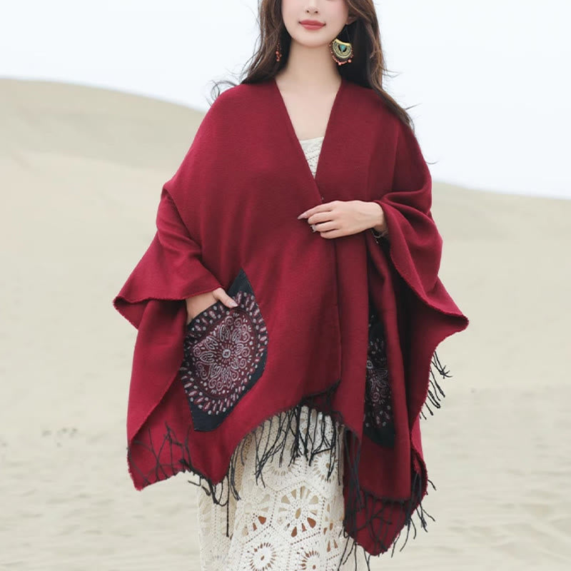 Chal con borlas y diseño de mandala redondo geométrico tibetano con Buddha Stones para otoño e invierno, bufanda acogedora con bolsillos
