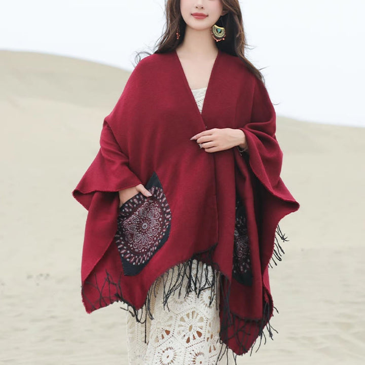 Chal con borlas y diseño de mandala redondo geométrico tibetano con Buddha Stones para otoño e invierno, bufanda acogedora con bolsillos