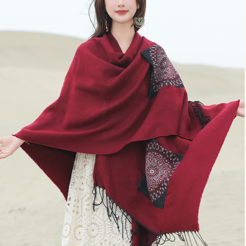 Chal con borlas y diseño de mandala redondo geométrico tibetano con Buddha Stones para otoño e invierno, bufanda acogedora con bolsillos