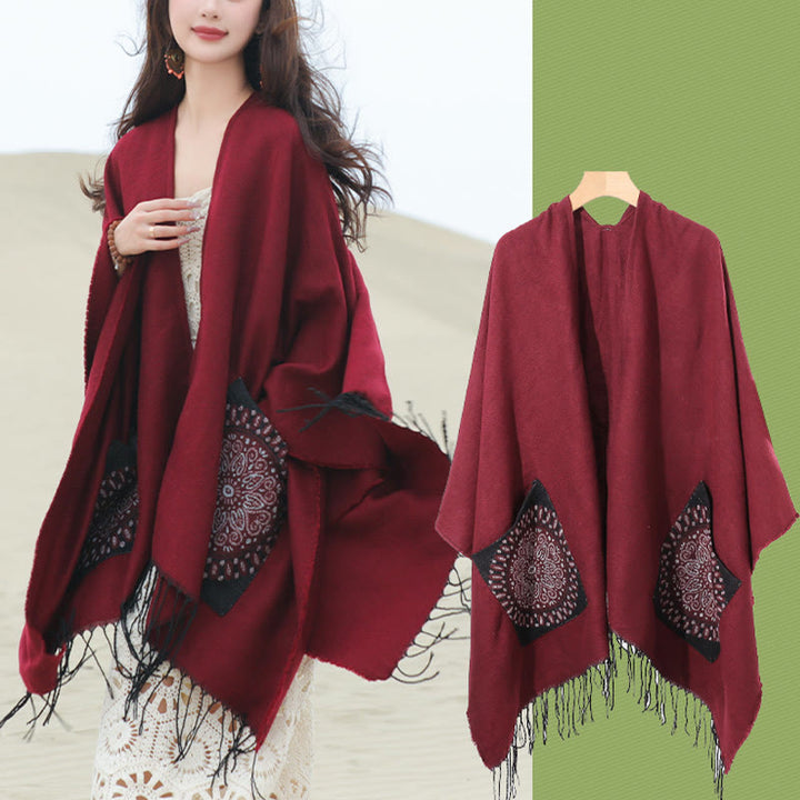 Chal con borlas y diseño de mandala redondo geométrico tibetano con Buddha Stones para otoño e invierno, bufanda acogedora con bolsillos