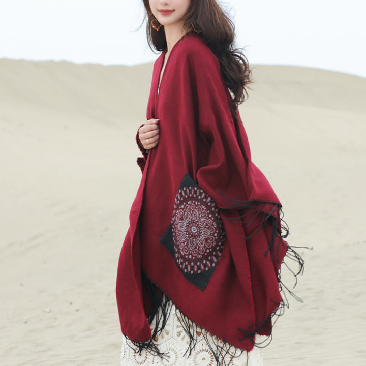 Chal con borlas y diseño de mandala redondo geométrico tibetano con Buddha Stones para otoño e invierno, bufanda acogedora con bolsillos