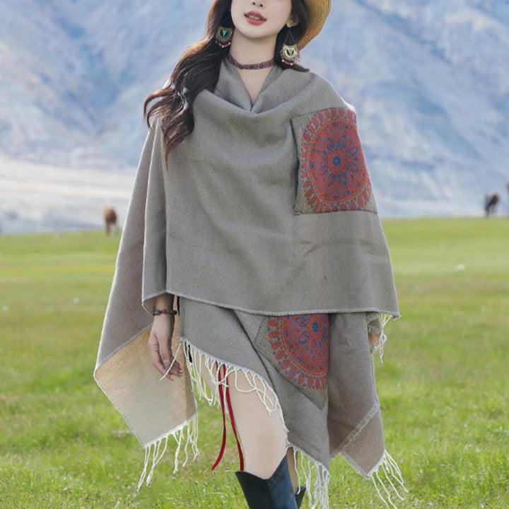 Chal con borlas y diseño de mandala redondo geométrico tibetano con Buddha Stones para otoño e invierno, bufanda acogedora con bolsillos