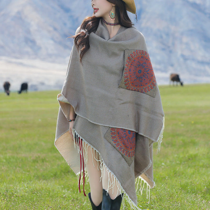 Chal con borlas y diseño de mandala redondo geométrico tibetano con Buddha Stones para otoño e invierno, bufanda acogedora con bolsillos