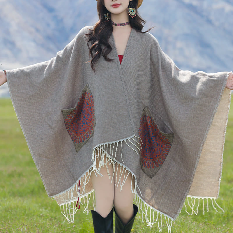 Chal con borlas y diseño de mandala redondo geométrico tibetano con Buddha Stones para otoño e invierno, bufanda acogedora con bolsillos