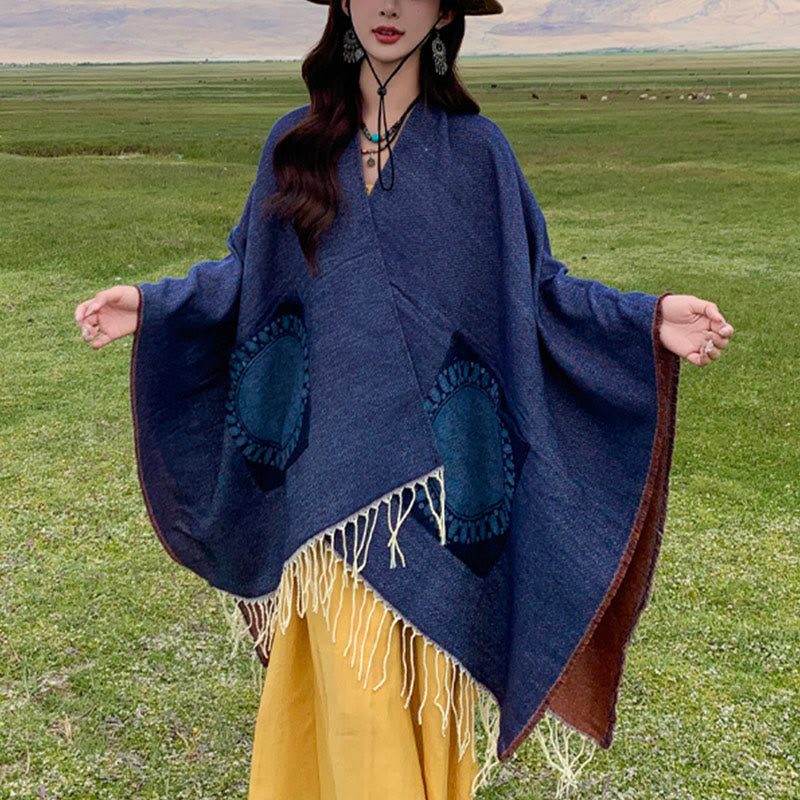 Chal con borlas y diseño de mandala redondo geométrico tibetano con Buddha Stones para otoño e invierno, bufanda acogedora con bolsillos