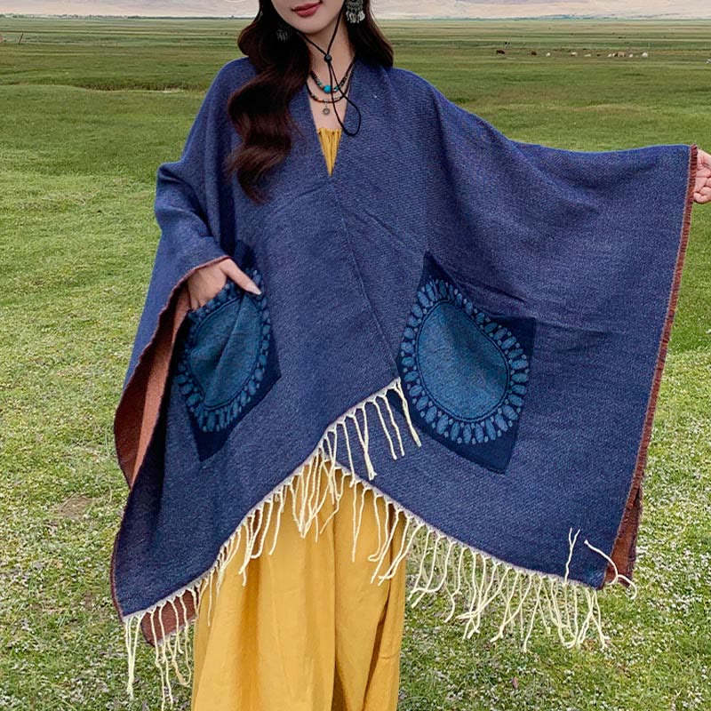 Chal con borlas y diseño de mandala redondo geométrico tibetano con Buddha Stones para otoño e invierno, bufanda acogedora con bolsillos