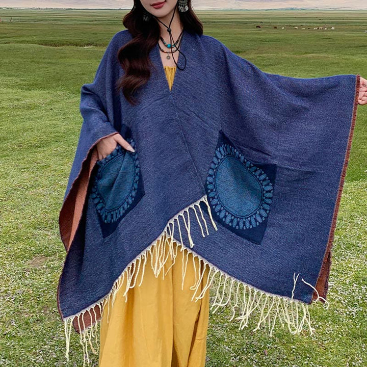Chal con borlas y diseño de mandala redondo geométrico tibetano con Buddha Stones para otoño e invierno, bufanda acogedora con bolsillos