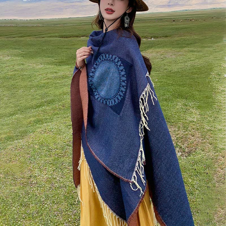 Chal con borlas y diseño de mandala redondo geométrico tibetano con Buddha Stones para otoño e invierno, bufanda acogedora con bolsillos