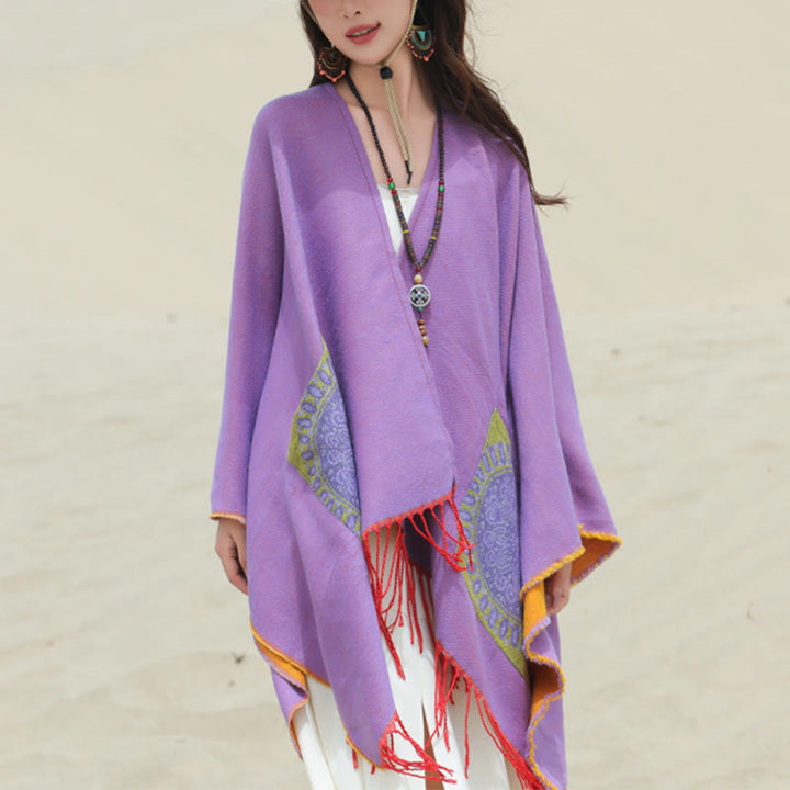 Chal con borlas y diseño de mandala redondo geométrico tibetano con Buddha Stones para otoño e invierno, bufanda acogedora con bolsillos