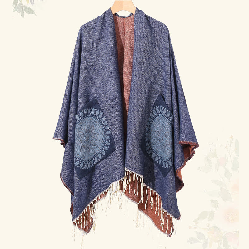 Chal con borlas y diseño de mandala redondo geométrico tibetano con Buddha Stones para otoño e invierno, bufanda acogedora con bolsillos