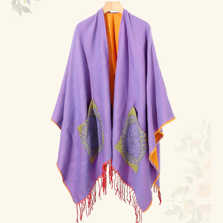 Chal con borlas y diseño de mandala redondo geométrico tibetano con Buddha Stones para otoño e invierno, bufanda acogedora con bolsillos
