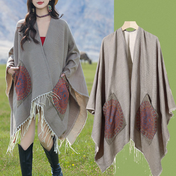 Chal con borlas y diseño de mandala redondo geométrico tibetano con Buddha Stones para otoño e invierno, bufanda acogedora con bolsillos - image 31