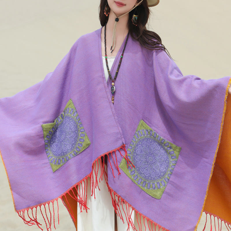 Chal con borlas y diseño de mandala redondo geométrico tibetano con Buddha Stones para otoño e invierno, bufanda acogedora con bolsillos