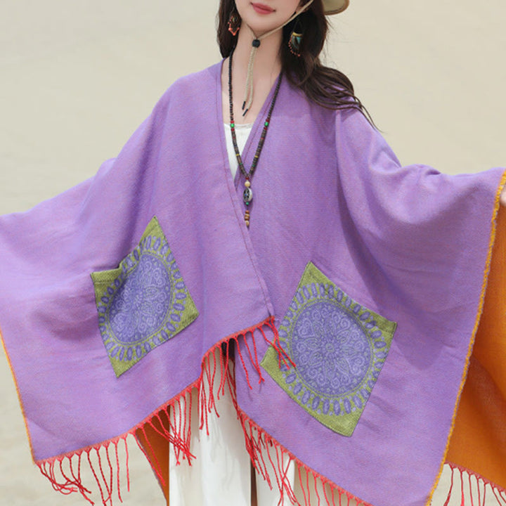 Chal con borlas y diseño de mandala redondo geométrico tibetano con Buddha Stones para otoño e invierno, bufanda acogedora con bolsillos