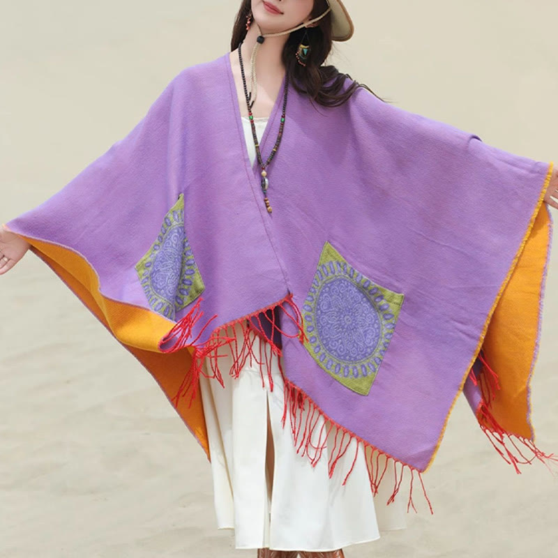 Chal con borlas y diseño de mandala redondo geométrico tibetano con Buddha Stones para otoño e invierno, bufanda acogedora con bolsillos