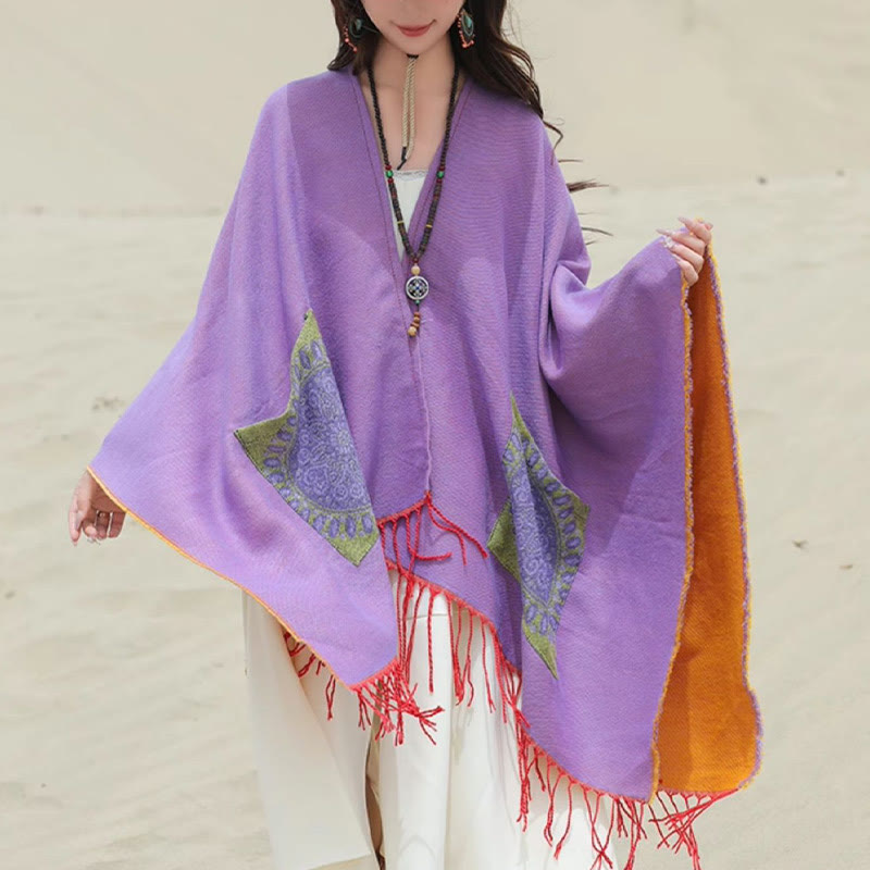 Chal con borlas y diseño de mandala redondo geométrico tibetano con Buddha Stones para otoño e invierno, bufanda acogedora con bolsillos