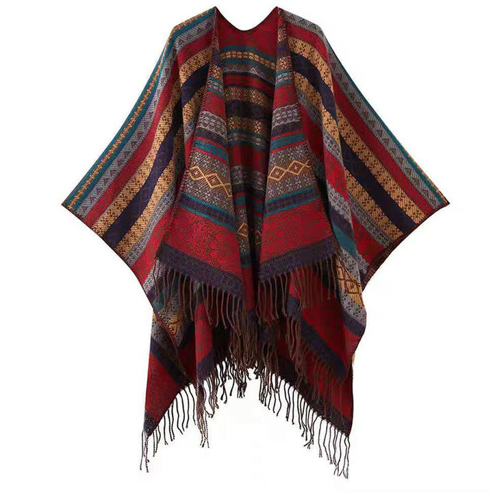Chal acogedor para otoño e invierno con borlas y flores, diseño de rayas horizontales geométricas tibetanas y Buddha Stones