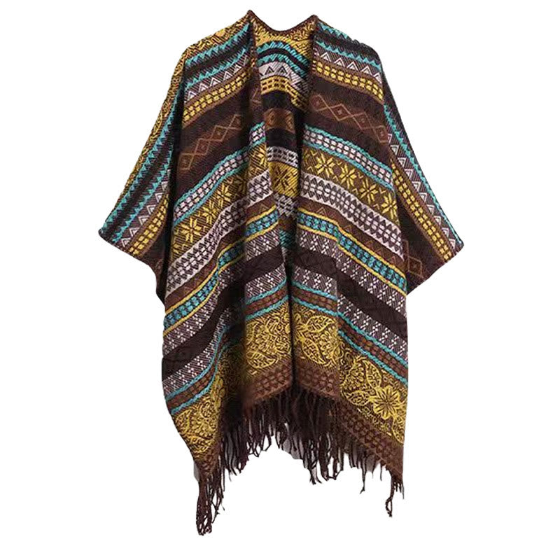 Chal acogedor para otoño e invierno con borlas y flores, diseño de rayas horizontales geométricas tibetanas y Buddha Stones