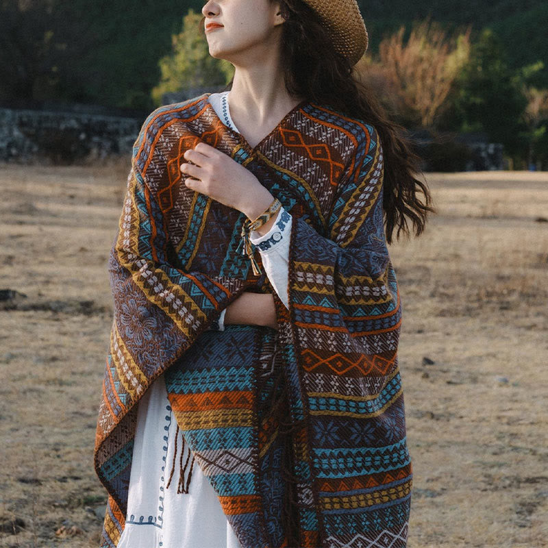 Chal acogedor para otoño e invierno con borlas y flores, diseño de rayas horizontales geométricas tibetanas y Buddha Stones
