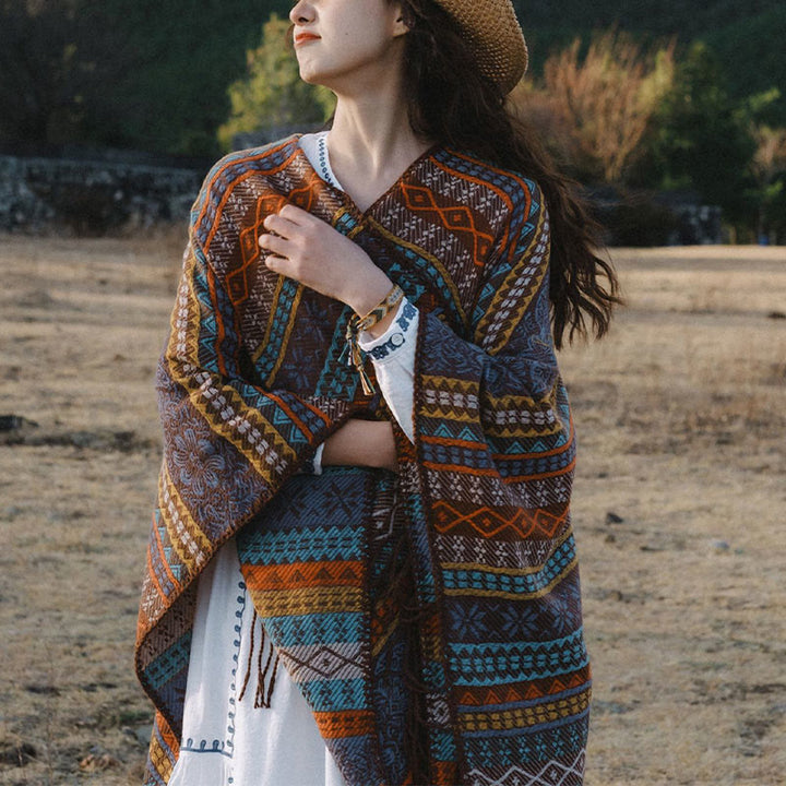 Chal acogedor para otoño e invierno con borlas y flores, diseño de rayas horizontales geométricas tibetanas y Buddha Stones