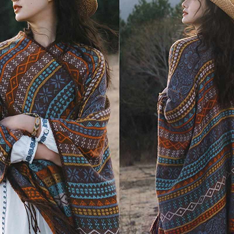 Chal acogedor para otoño e invierno con borlas y flores, diseño de rayas horizontales geométricas tibetanas y Buddha Stones