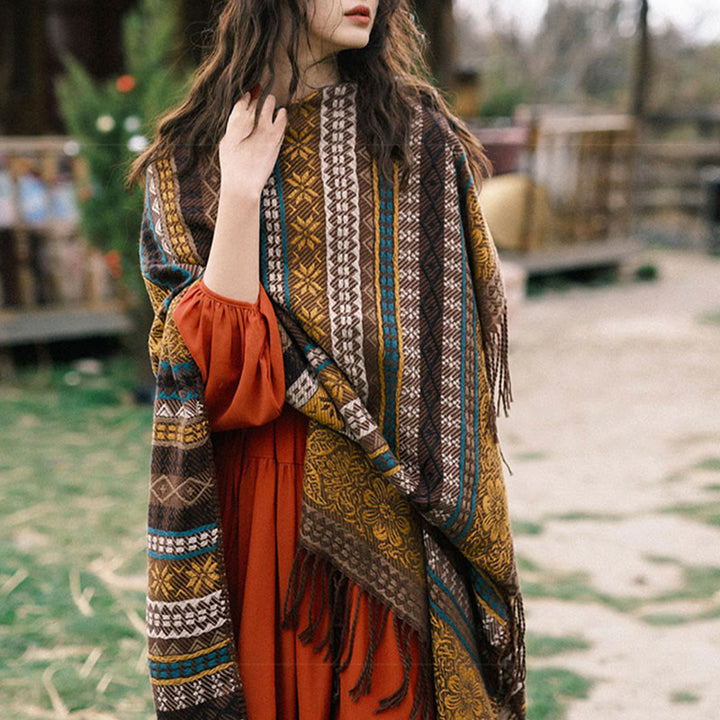 Chal acogedor para otoño e invierno con borlas y flores, diseño de rayas horizontales geométricas tibetanas y Buddha Stones