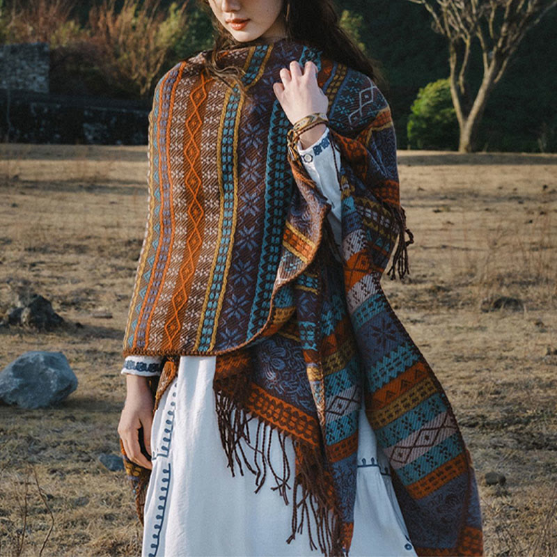 Chal acogedor para otoño e invierno con borlas y flores, diseño de rayas horizontales geométricas tibetanas y Buddha Stones