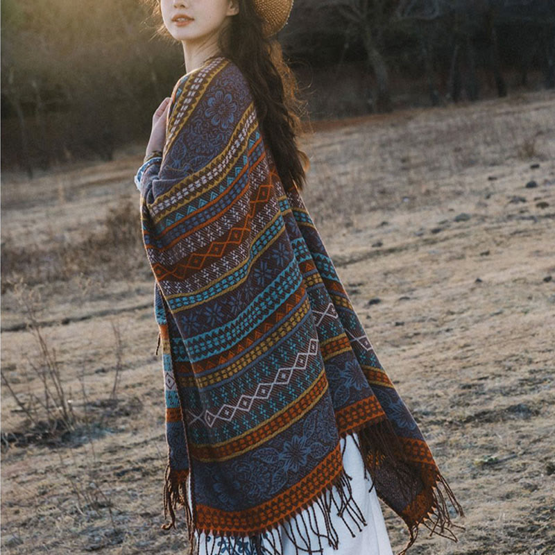 Chal acogedor para otoño e invierno con borlas y flores, diseño de rayas horizontales geométricas tibetanas y Buddha Stones