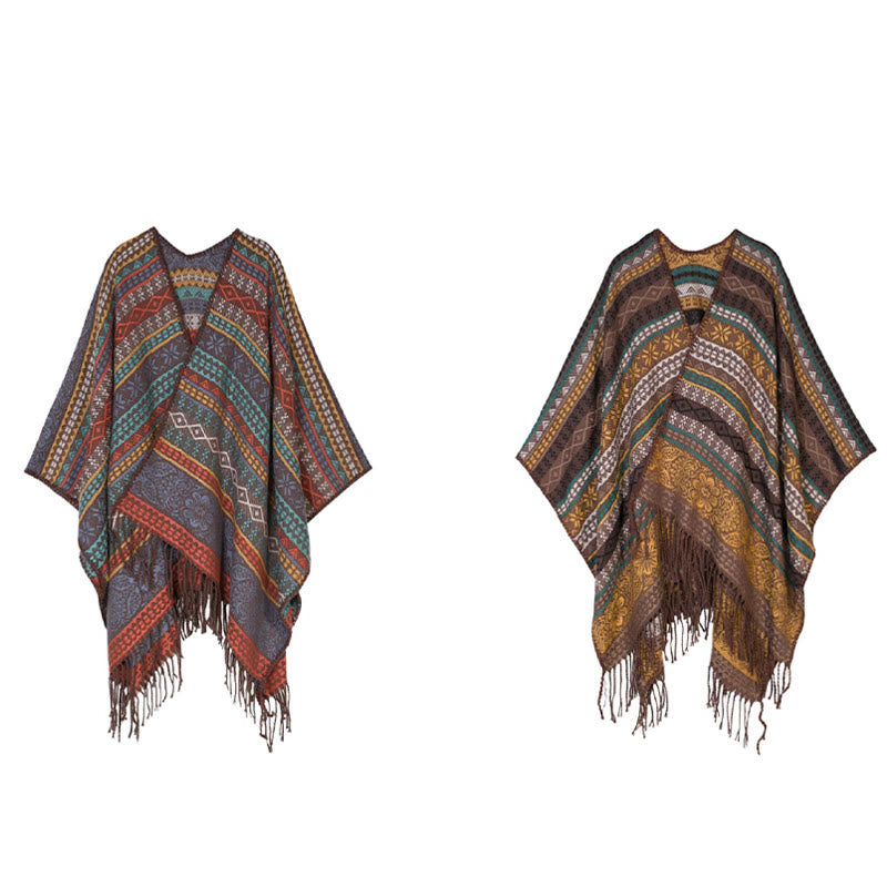 Chal acogedor para otoño e invierno con borlas y flores, diseño de rayas horizontales geométricas tibetanas y Buddha Stones