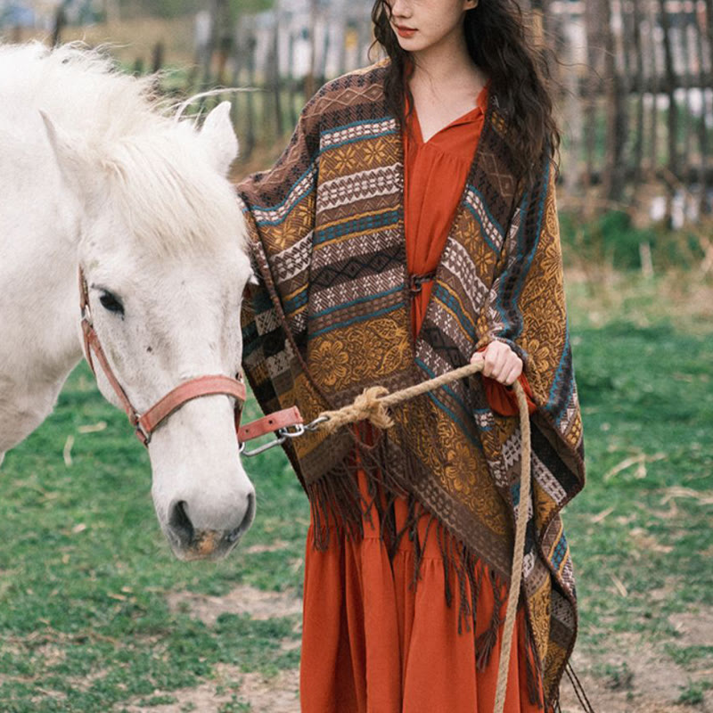 Chal acogedor para otoño e invierno con borlas y flores, diseño de rayas horizontales geométricas tibetanas y Buddha Stones