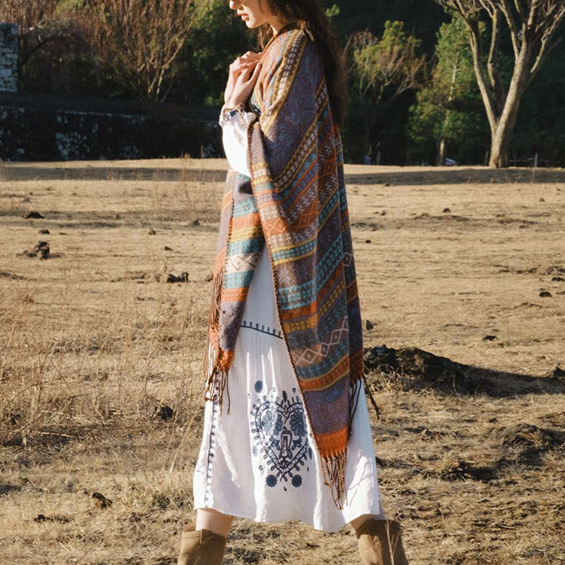 Chal acogedor para otoño e invierno con borlas y flores, diseño de rayas horizontales geométricas tibetanas y Buddha Stones