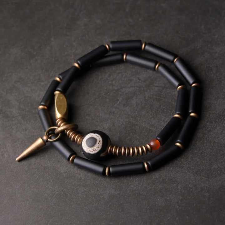 Pulsera protectora de doble vuelta con colgante de cono de cuentas Dzi de cobre y ónix negro y Buddha Stones