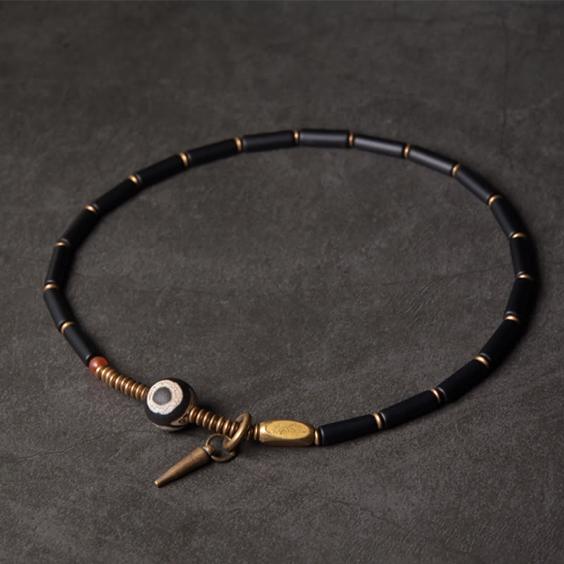 Pulsera protectora de doble vuelta con colgante de cono de cuentas Dzi de cobre y ónix negro y Buddha Stones