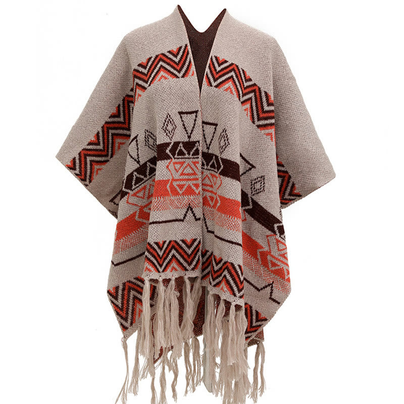 Chal de borlas con diseño geométrico de rayas onduladas tibetanas y Buddha Stones para otoño e invierno