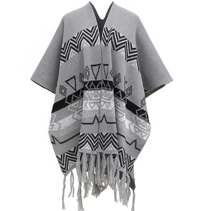 Chal de borlas con diseño geométrico de rayas onduladas tibetanas y Buddha Stones para otoño e invierno