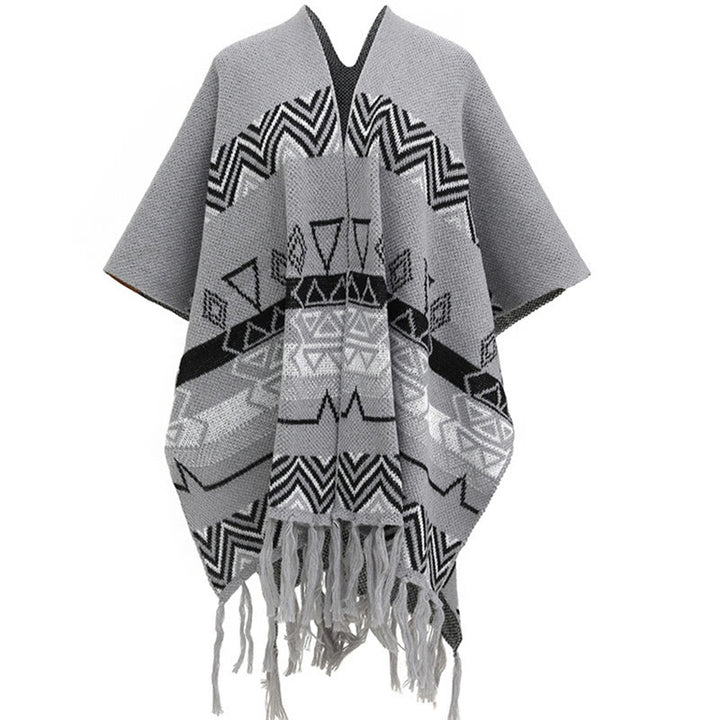 Chal de borlas con diseño geométrico de rayas onduladas tibetanas y Buddha Stones para otoño e invierno