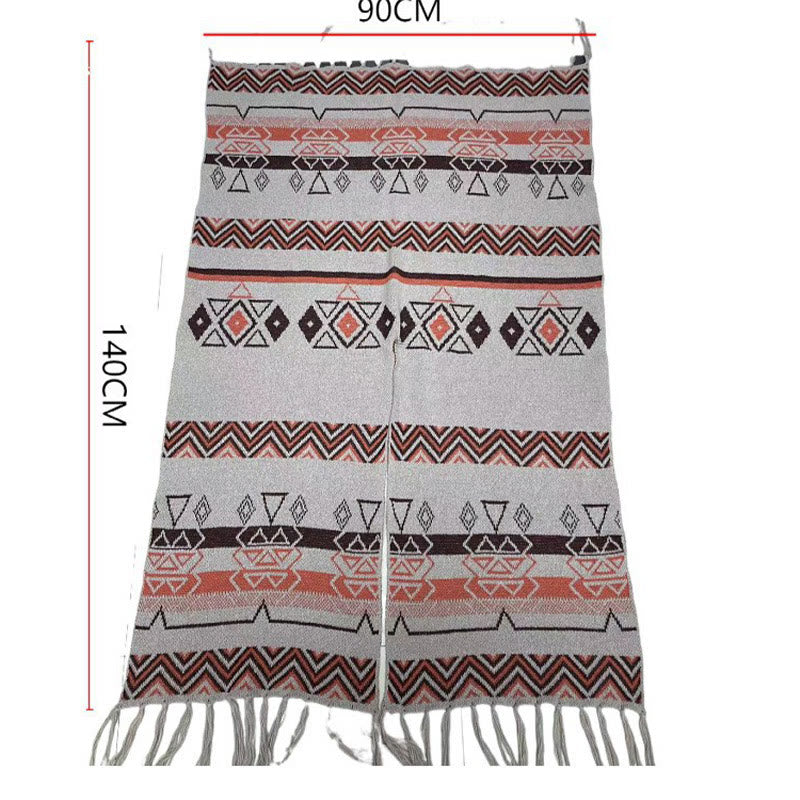 Chal de borlas con diseño geométrico de rayas onduladas tibetanas y Buddha Stones para otoño e invierno