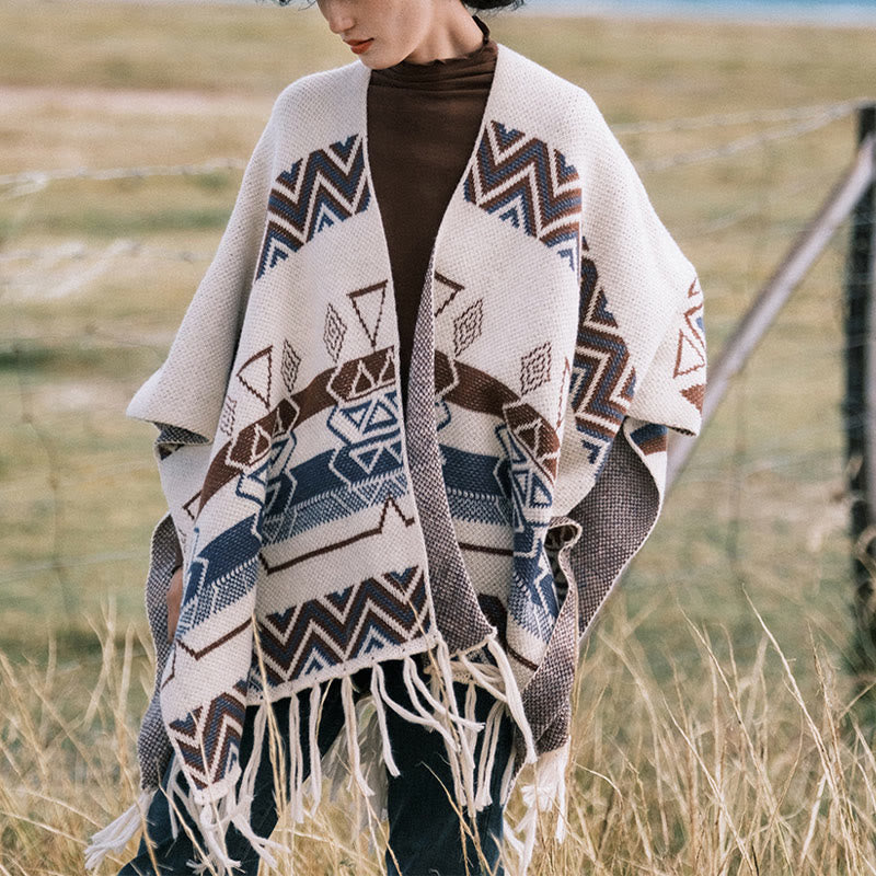 Chal de borlas con diseño geométrico de rayas onduladas tibetanas y Buddha Stones para otoño e invierno