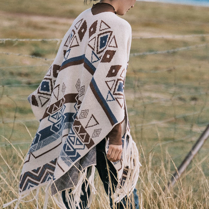 Chal de borlas con diseño geométrico de rayas onduladas tibetanas y Buddha Stones para otoño e invierno