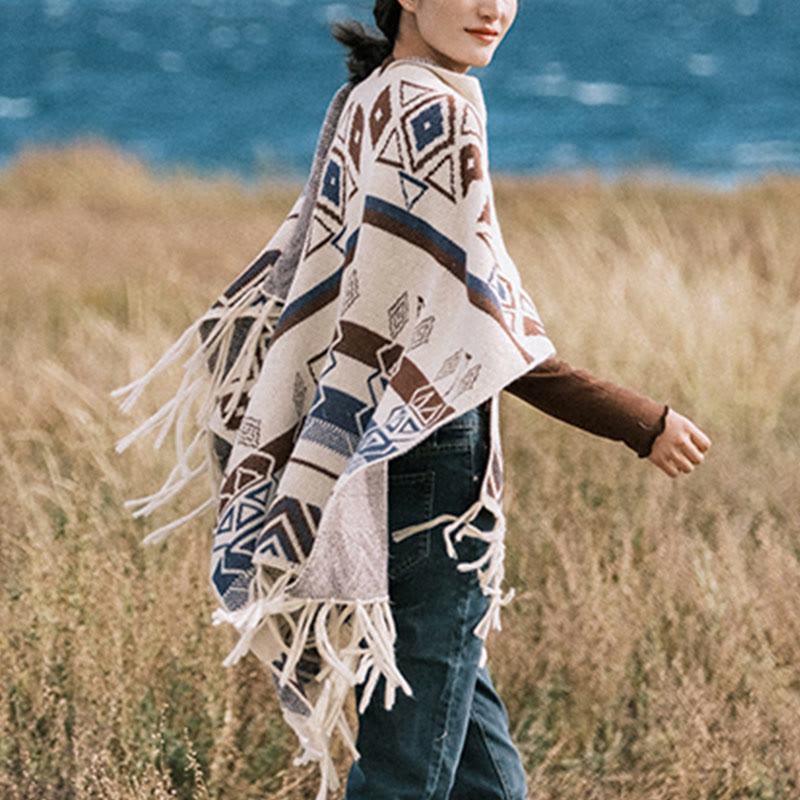Chal de borlas con diseño geométrico de rayas onduladas tibetanas y Buddha Stones para otoño e invierno - image 15