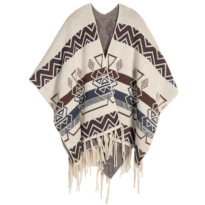 Chal de borlas con diseño geométrico de rayas onduladas tibetanas y Buddha Stones para otoño e invierno