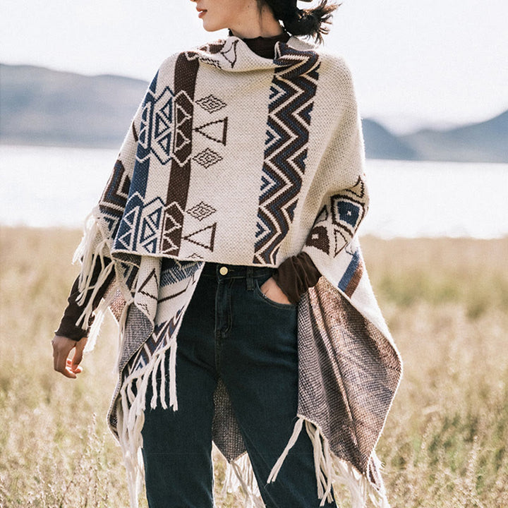 Chal de borlas con diseño geométrico de rayas onduladas tibetanas y Buddha Stones para otoño e invierno