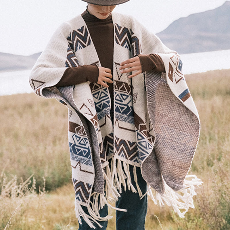 Chal de borlas con diseño geométrico de rayas onduladas tibetanas y Buddha Stones para otoño e invierno